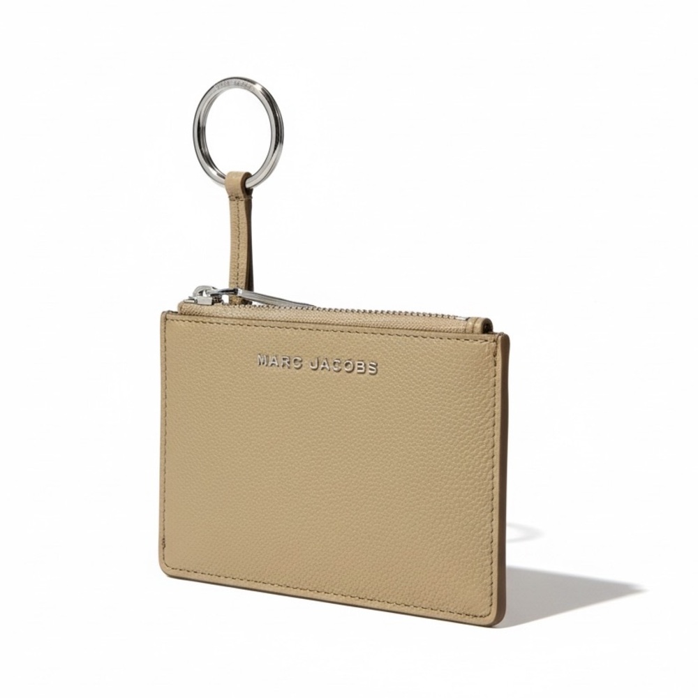Marc Jacobs Key Ring Zip Cardholder Wallet Tan Leather ID Holder Neutral taupe